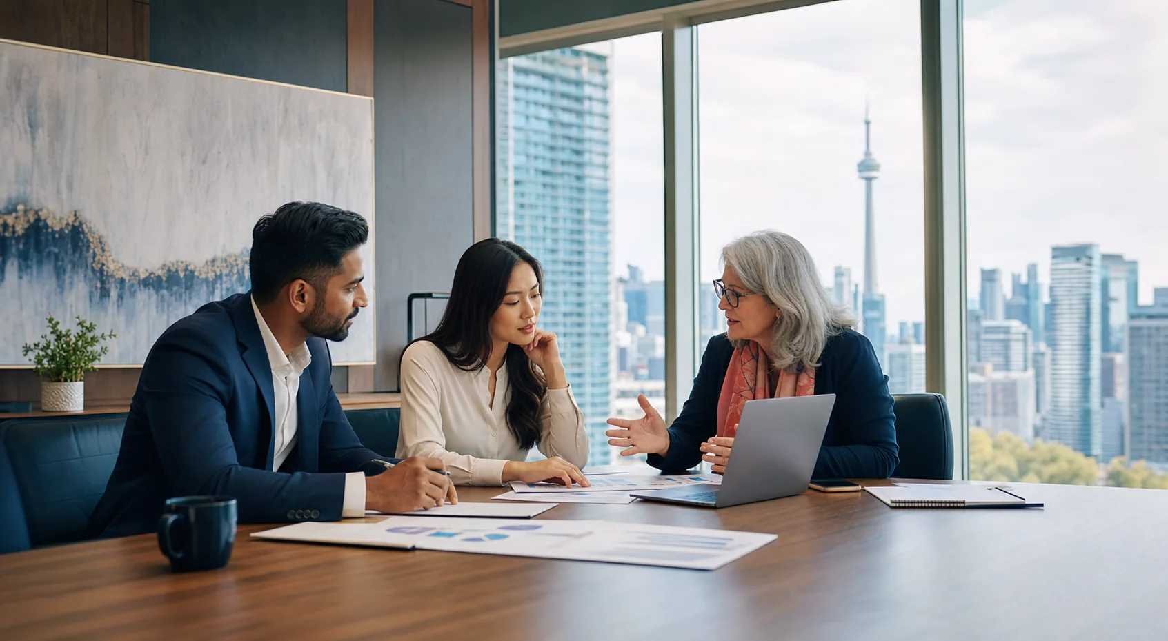 Business founders reviewing an investment plan with an advisor