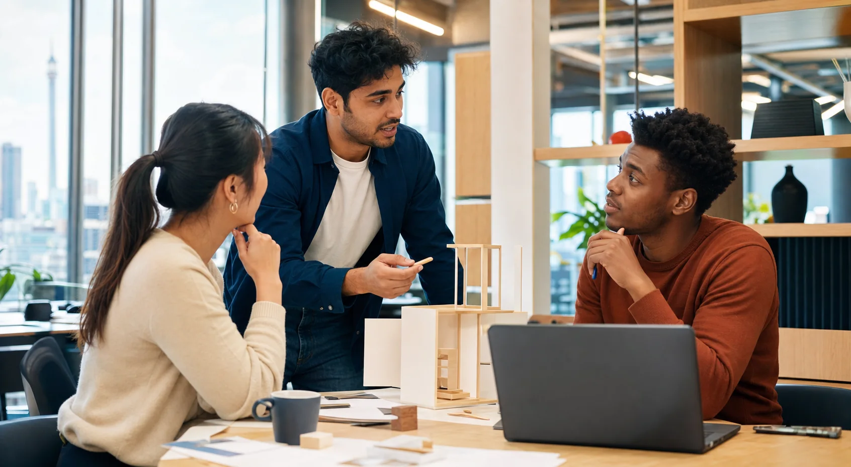 Immigrant founder presenting a venture concept to a startup team