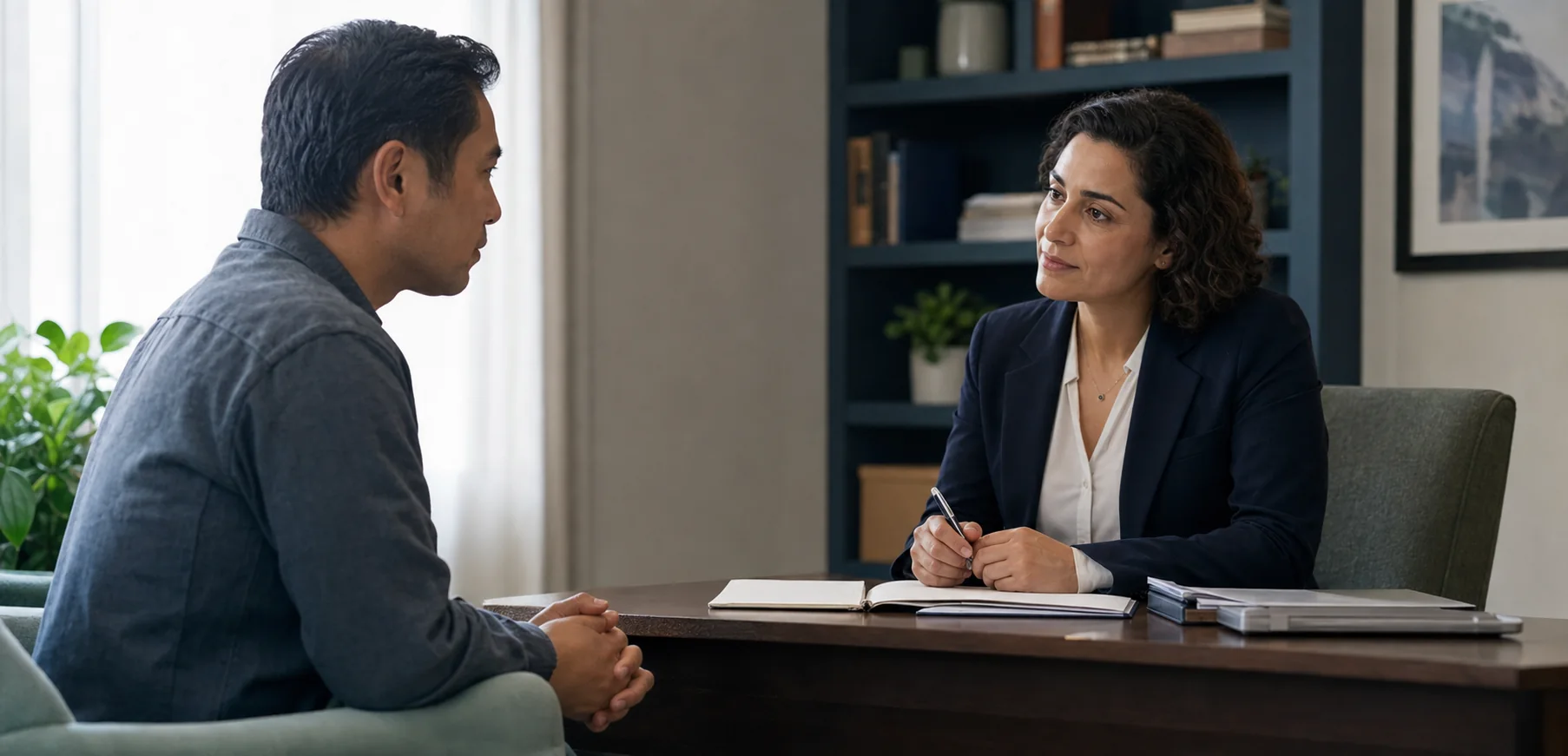 Compassionate advisor meeting privately with a newcomer