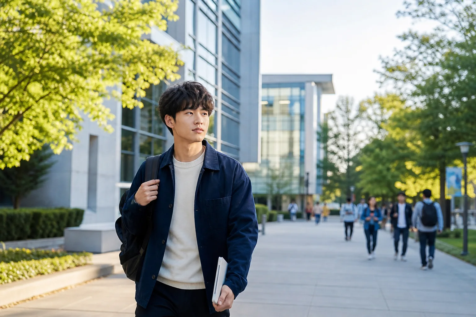 International student walking through a modern Canadian campus